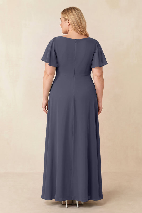 Dusk Blue Short Sleeves Bateau A-Line Chiffon Bridesmaid Dress (2) [sizeplus] | KISSBRIDAL