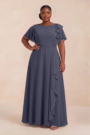 Dusk Blue Short Sleeves Bateau A-Line Chiffon Bridesmaid Dress (3) [sizeplus] | KISSBRIDAL