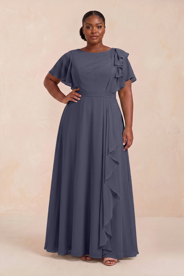 Dusk Blue Short Sleeves Bateau A-Line Chiffon Bridesmaid Dress (3) [sizeplus] | KISSBRIDAL