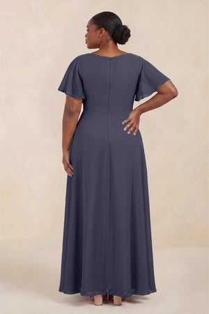Dusk Blue Short Sleeves Bateau A-Line Chiffon Bridesmaid Dress (4) [sizeplus] | KISSBRIDAL