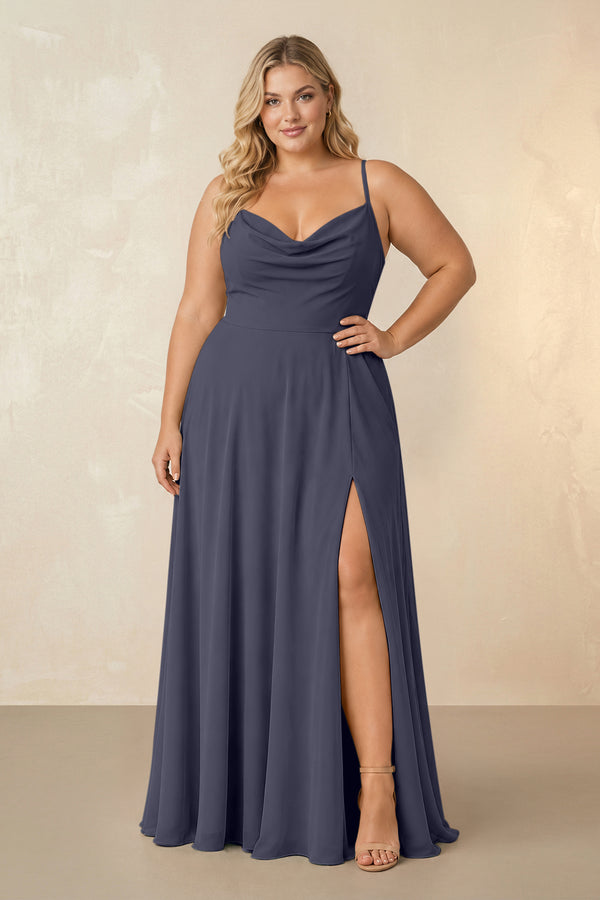 Dusk Blue Spaghetti Straps Chiffon A-Line Bridesmaid Dress [sizeplus] | KISSBRIDAL