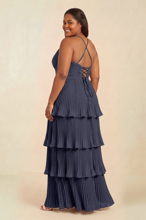 Dusk Blue Tiered Pleated V-Neck A-Line Chiffon Bridesmaid Dress (2) [sizeplus] | KISSBRIDAL