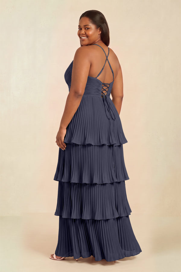 Dusk Blue Tiered Pleated V-Neck A-Line Chiffon Bridesmaid Dress (2) [sizeplus] | KISSBRIDAL