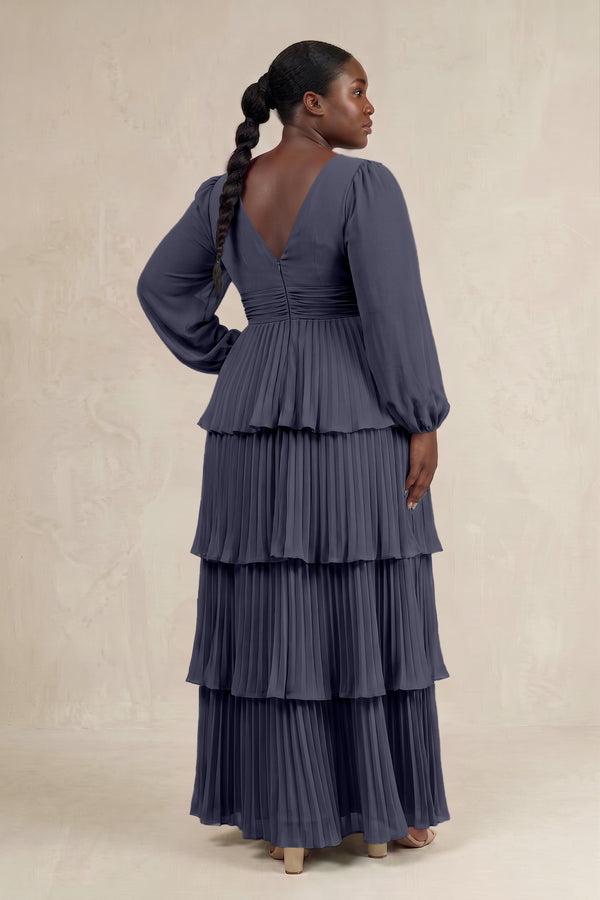 Dusk Blue V-Neck Tiered A-Line Long Sleeve Bridesmaid Dress (2) [sizeplus] | KISSBRIDAL