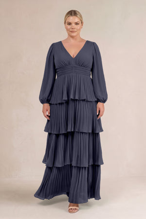 Dusk Blue V-Neck Tiered A-Line Long Sleeve Bridesmaid Dress (3) [sizeplus] | KISSBRIDAL