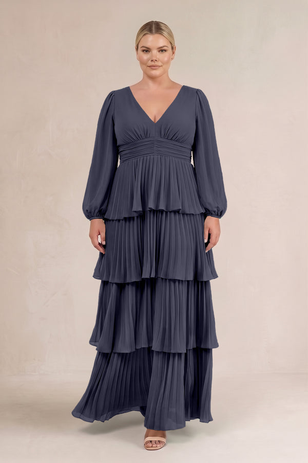 Dusk Blue V-Neck Tiered A-Line Long Sleeve Bridesmaid Dress (3) [sizeplus] | KISSBRIDAL