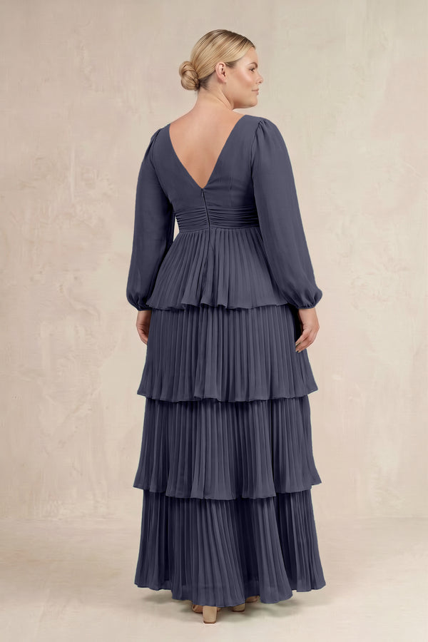 Dusk Blue V-Neck Tiered A-Line Long Sleeve Bridesmaid Dress (4) [sizeplus] | KISSBRIDAL