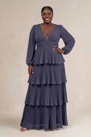 Dusk Blue V-Neck Tiered A-Line Long Sleeve Bridesmaid Dress [sizeplus] | KISSBRIDAL