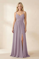 Dusk Cami Strap Chiffon A-Line Bridesmaid Dress with Slit | KISSBRIDAL