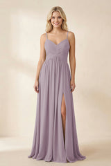 Dusk Cami Strap Chiffon A-Line Bridesmaid Dress with Slit | KISSBRIDAL