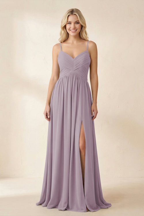 Dusk Cami Strap Chiffon A-Line Bridesmaid Dress with Slit | KISSBRIDAL