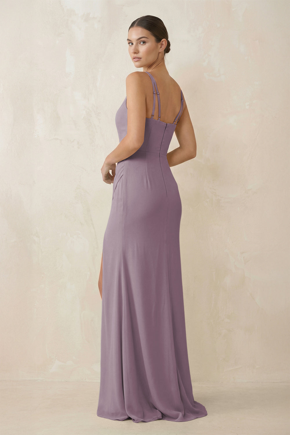 Cami Strap Chiffon Sheath Bridesmaid Gown in Dusk