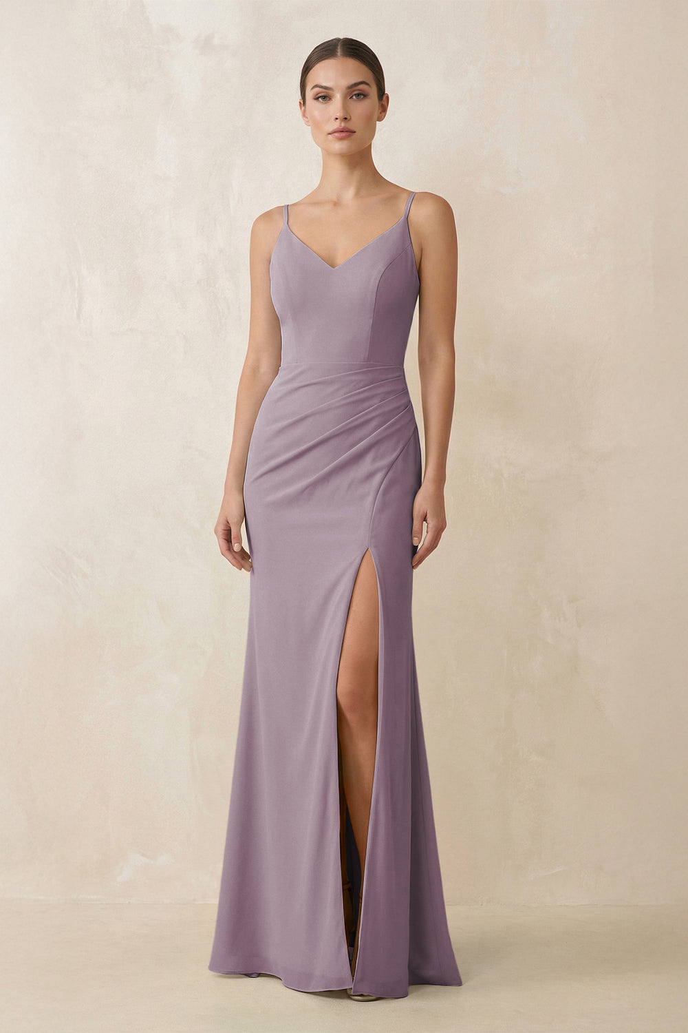 Cami Strap Chiffon Sheath Bridesmaid Gown in Dusk
