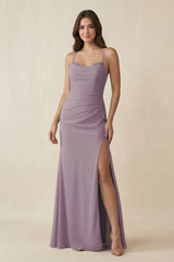Dusk Cami Strap Sheath Chiffon Bridesmaid Dress with Slit | KISSBRIDAL