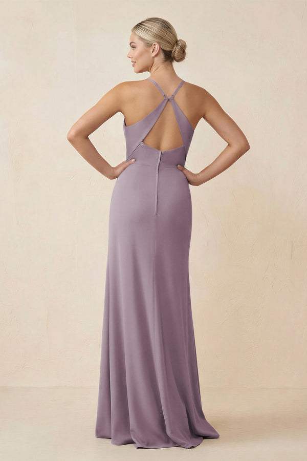 Dusk Cami Strap Sheath Ruched Bridesmaid Dress With Slit (2) | KISSBRIDAL