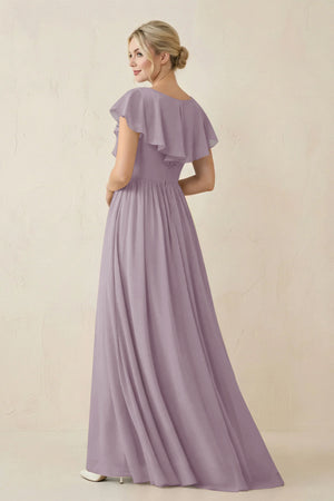 Dusk Cap Sleeve A-Line Ruffled Chiffon Bridesmaid Dress (2) | KISSBRIDAL