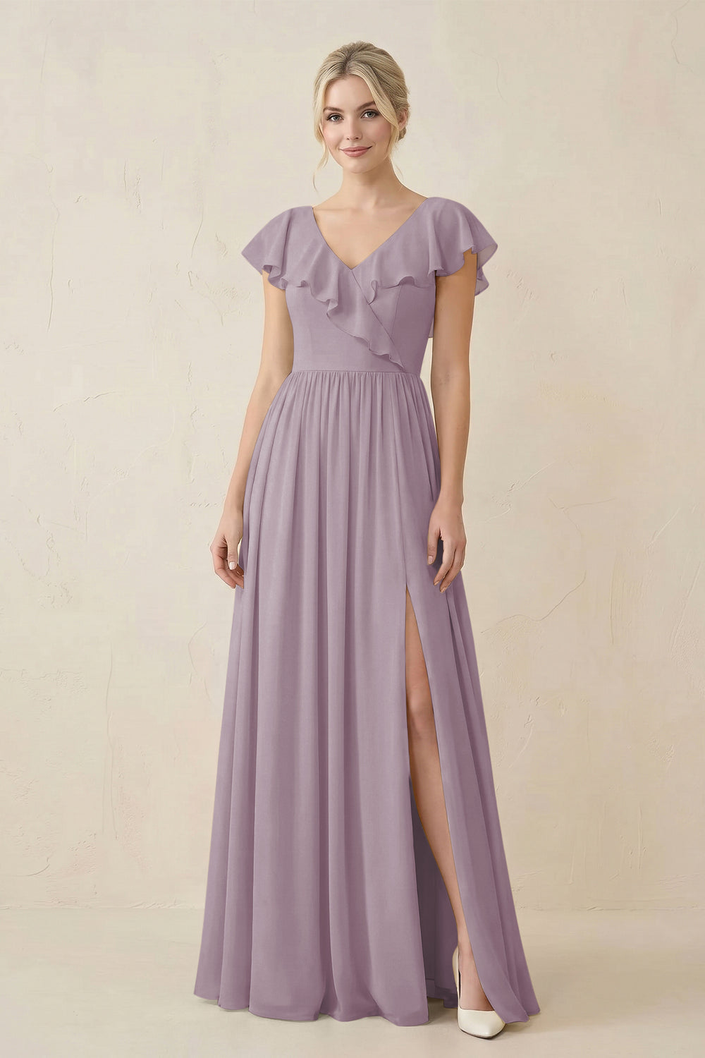 Cap Sleeve A-Line Ruffled Chiffon Bridesmaid Dress in Dusk