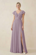 Dusk Cap Sleeve A-Line Ruffled Chiffon Bridesmaid Dress | KISSBRIDAL
