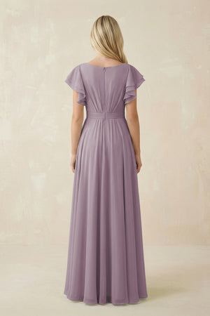 Dusk Cap Sleeve Ruffled A-Line Chiffon Bridesmaid Dress (2) | KISSBRIDAL