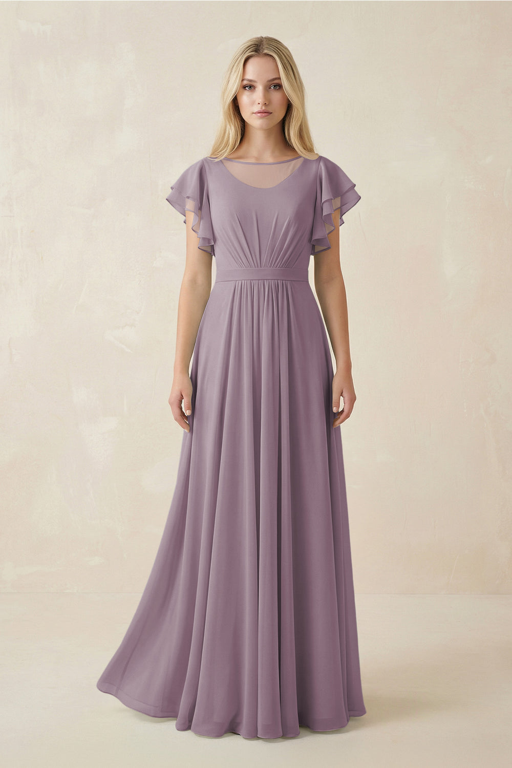 Cap Sleeve Ruffled A-Line Chiffon Bridesmaid Dress in Dusk