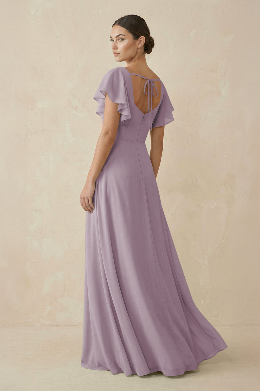 Chiffon A-Line Long Bridesmaid Dress with Flutter Sleeves in Dusk
