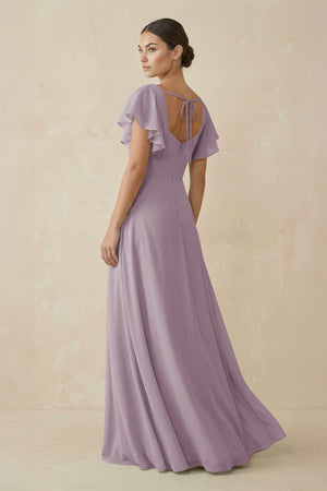 Dusk Chiffon A-Line Long Bridesmaid Dress with Flutter Sleeves (2) | KISSBRIDAL