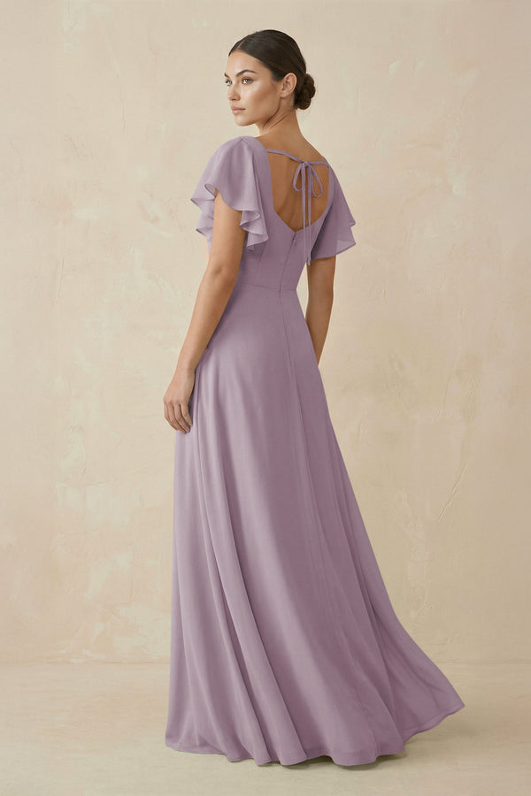 Dusk Chiffon A-Line Long Bridesmaid Dress with Flutter Sleeves (2) | KISSBRIDAL