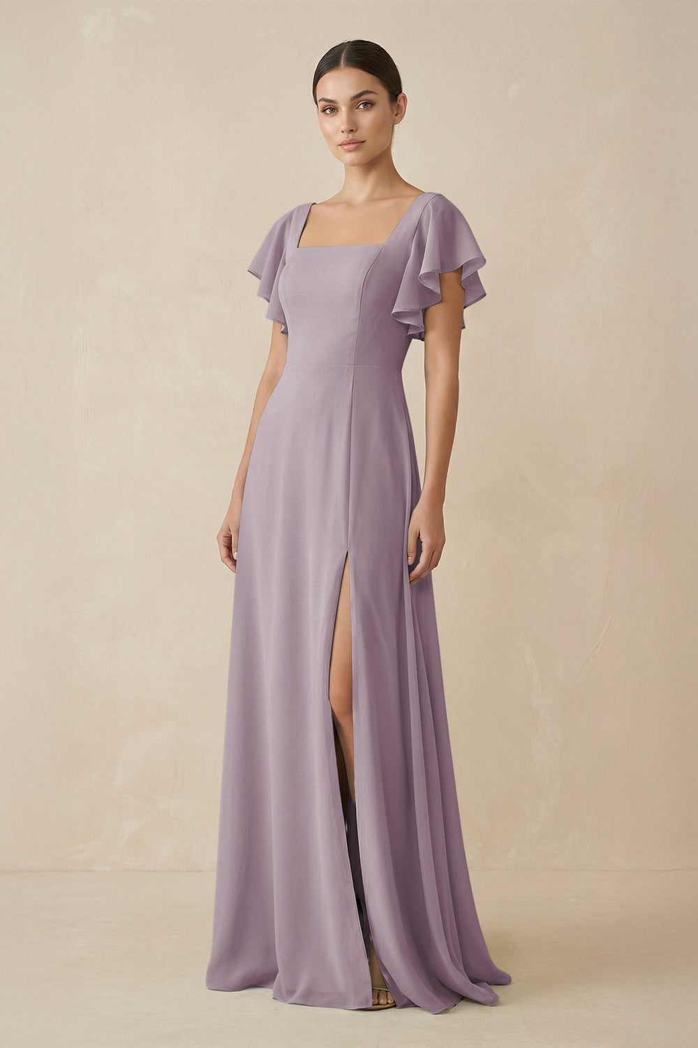 Chiffon A-Line Long Bridesmaid Dress with Flutter Sleeves in Dusk
