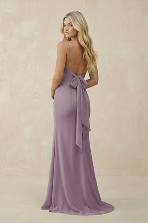 Dusk Cowl Neck Sheath Chiffon Bridesmaid Dress with Corset (2) | KISSBRIDAL