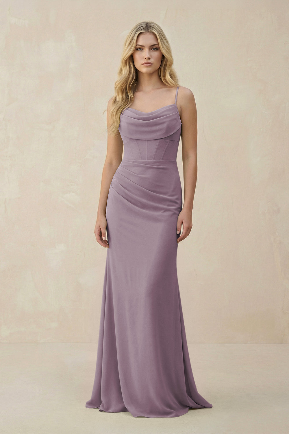 Cowl Neck Sheath Chiffon Bridesmaid Dress with Corset in Dusk