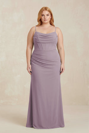 Dusk Cowl Neck Sheath Chiffon Bridesmaid Dress with Corset [sizeplus]  | KISSBRIDAL