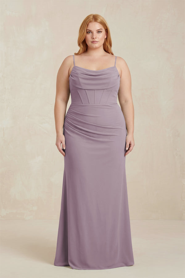 Dusk Cowl Neck Sheath Chiffon Bridesmaid Dress with Corset [sizeplus]  | KISSBRIDAL