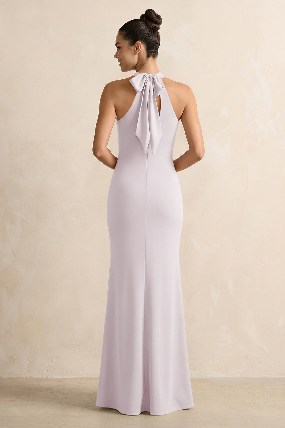 Crisscross Halter Sheath Satin Bridesmaid Dress with Bow in Dusk