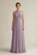 Dusk Cross Halter Chiffon A-Line Pleated Bridesmaid Dress | KISSBRIDAL