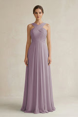 Dusk Cross Halter Chiffon A-Line Pleated Bridesmaid Dress | KISSBRIDAL