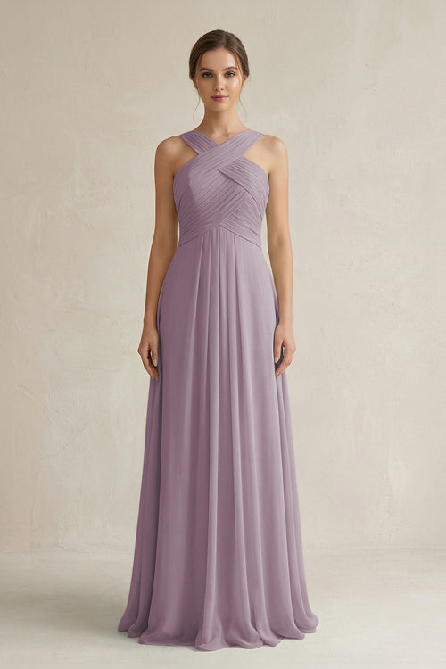 Dusk Cross Halter Chiffon A-Line Pleated Bridesmaid Dress | KISSBRIDAL