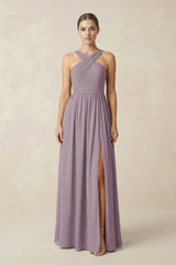 Dusk Cross Halter Neck Chiffon A-Line Bridesmaid Dress With Slit | KISSBRIDAL