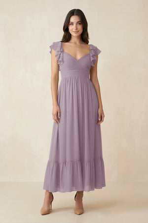 Dusk Flutter Sleeve Sweetheart A-Line Chiffon Bridesmaid Dress | KISSBRIDAL
