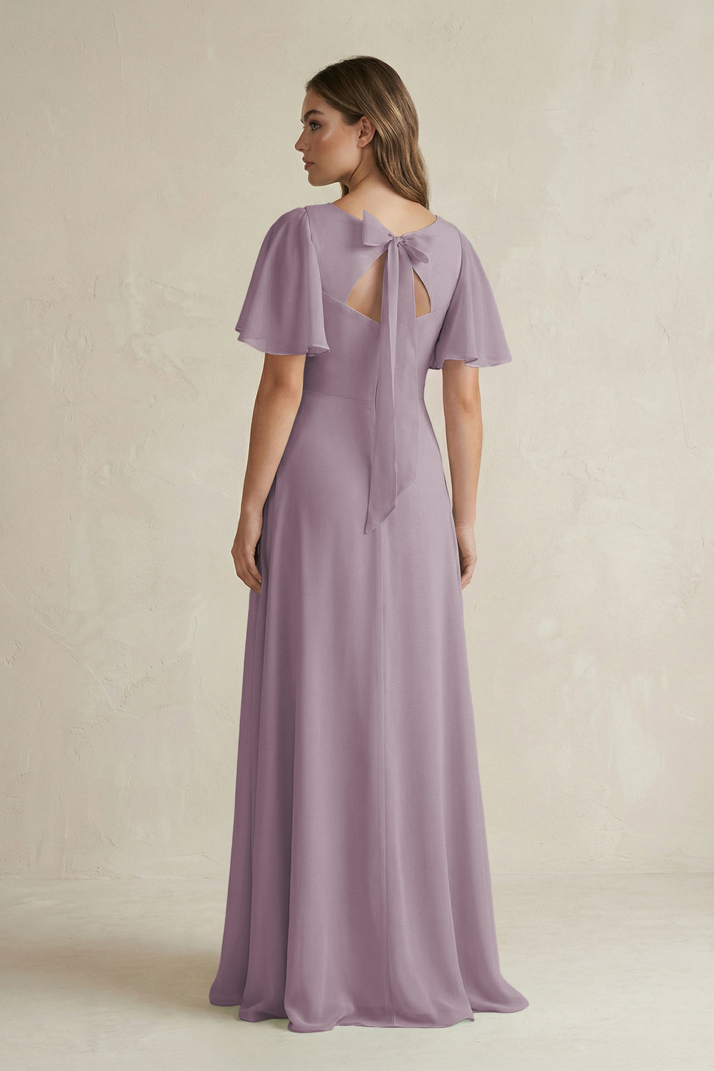 Flutter Sleeve V-Neck A-Line Chiffon Bridesmaid Dress in Dusk
