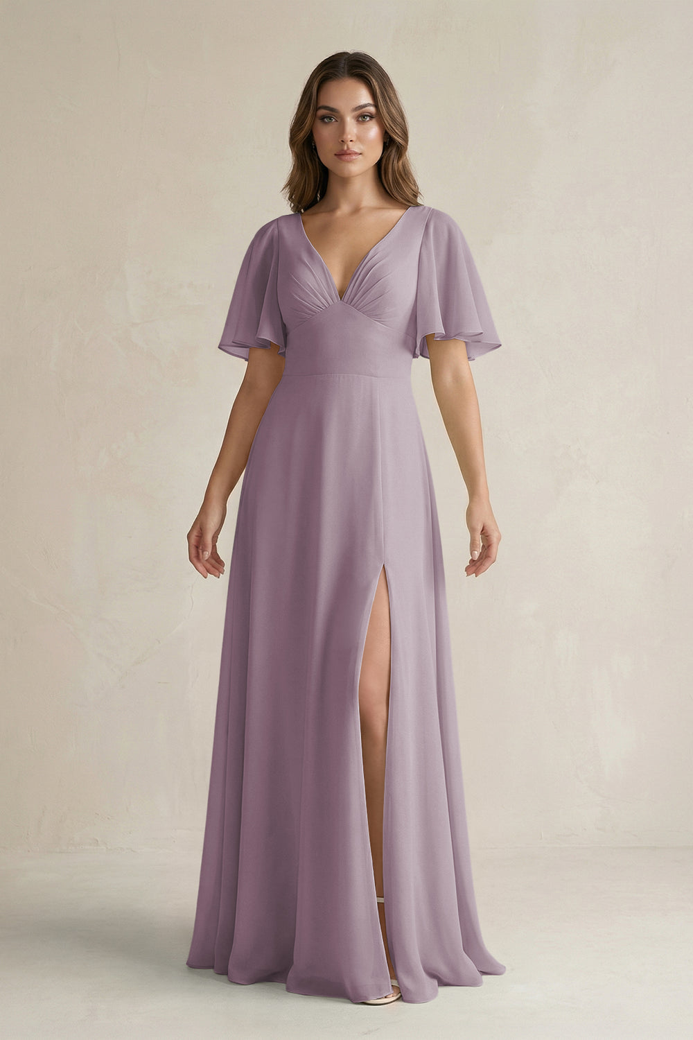 Flutter Sleeve V-Neck A-Line Chiffon Bridesmaid Dress in Dusk
