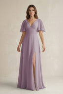 Dusk Flutter Sleeve V-Neck A-Line Chiffon Bridesmaid Dress | KISSBRIDAL