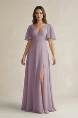 Dusk Flutter Sleeve V-Neck A-Line Chiffon Bridesmaid Dress | KISSBRIDAL
