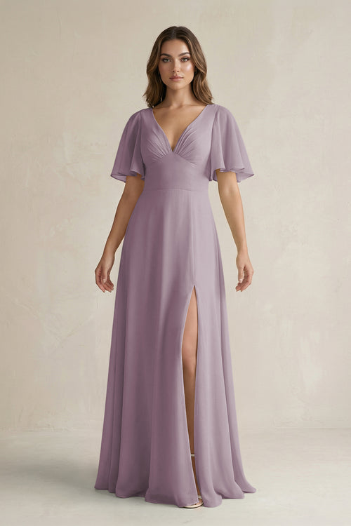 Dusk Flutter Sleeve V-Neck A-Line Chiffon Bridesmaid Dress | KISSBRIDAL