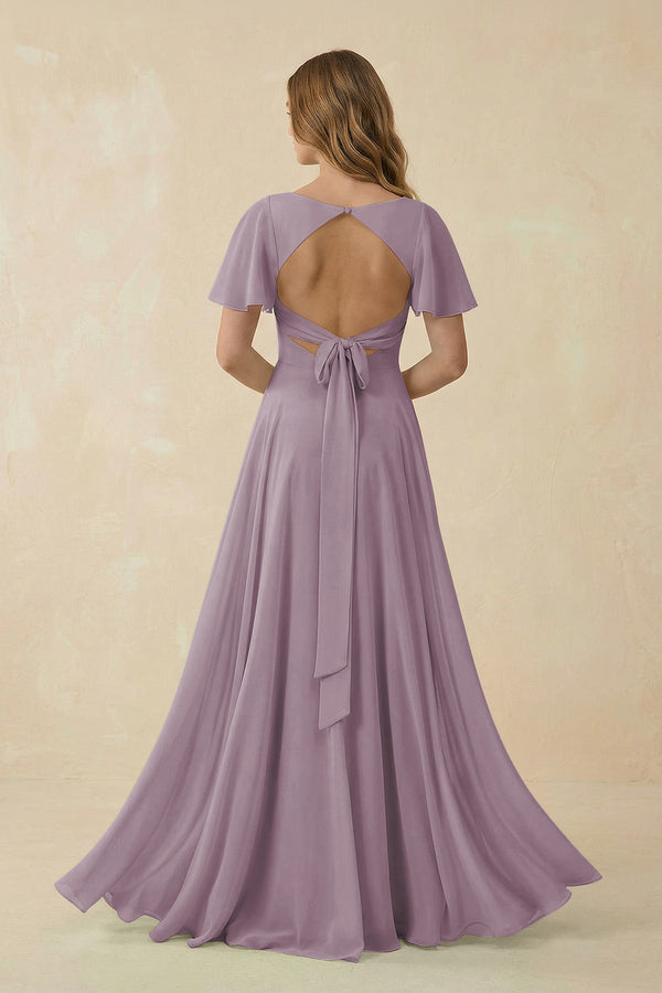 Dusk Flutter Sleeve V-Neck Chiffon A-Line Bridesmaid Dress (2) | KISSBRIDAL