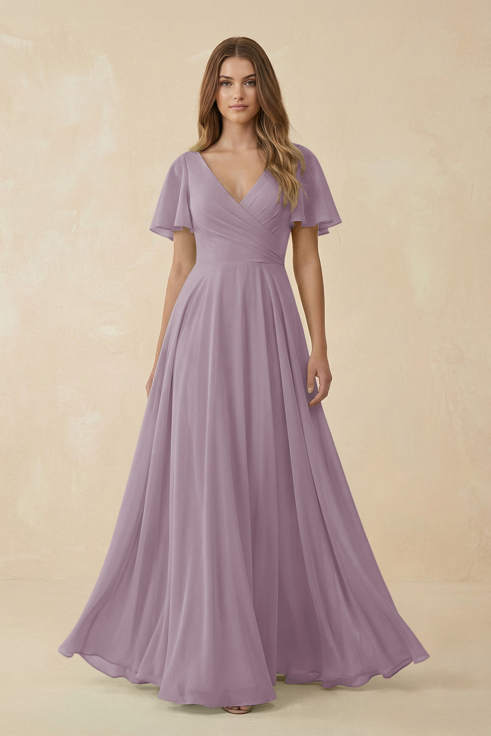 Flutter Sleeve V-Neck Chiffon A-Line Bridesmaid Dress in Dusk