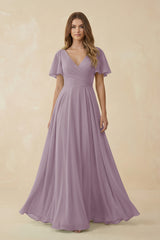 Dusk Flutter Sleeve V-Neck Chiffon A-Line Bridesmaid Dress | KISSBRIDAL
