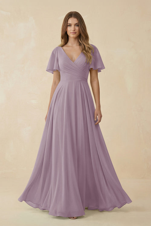 Dusk Flutter Sleeve V-Neck Chiffon A-Line Bridesmaid Dress | KISSBRIDAL