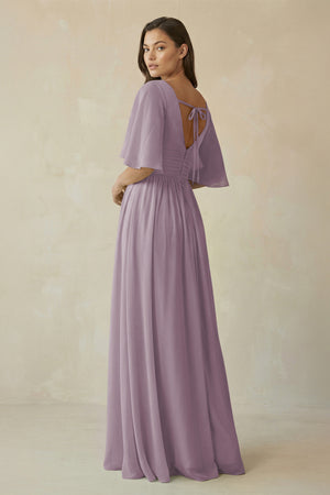 Dusk Half Sleeve V-Neck A-Line Chiffon Bridesmaid Gown (2) | KISSBRIDAL