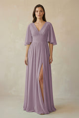 Dusk Half Sleeve V-Neck A-Line Chiffon Bridesmaid Gown | KISSBRIDAL