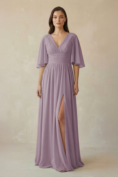 Dusk Half Sleeve V-Neck A-Line Chiffon Bridesmaid Gown | KISSBRIDAL
